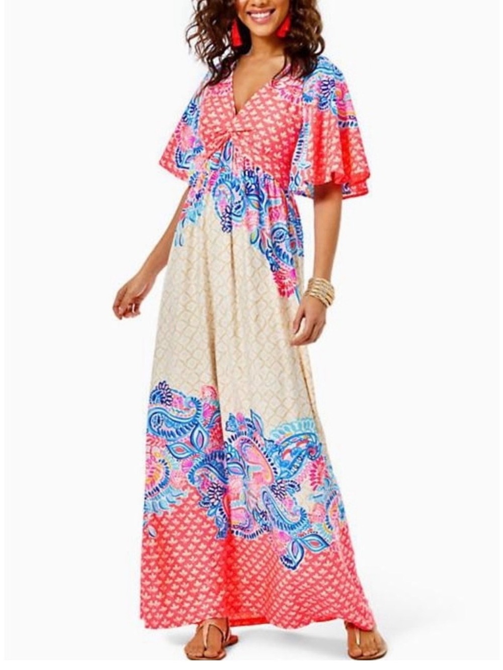 Lilly Pulitzer Minka Maxi Dress Sz 8 Coral Spritz Beach Bungalow Twist Front